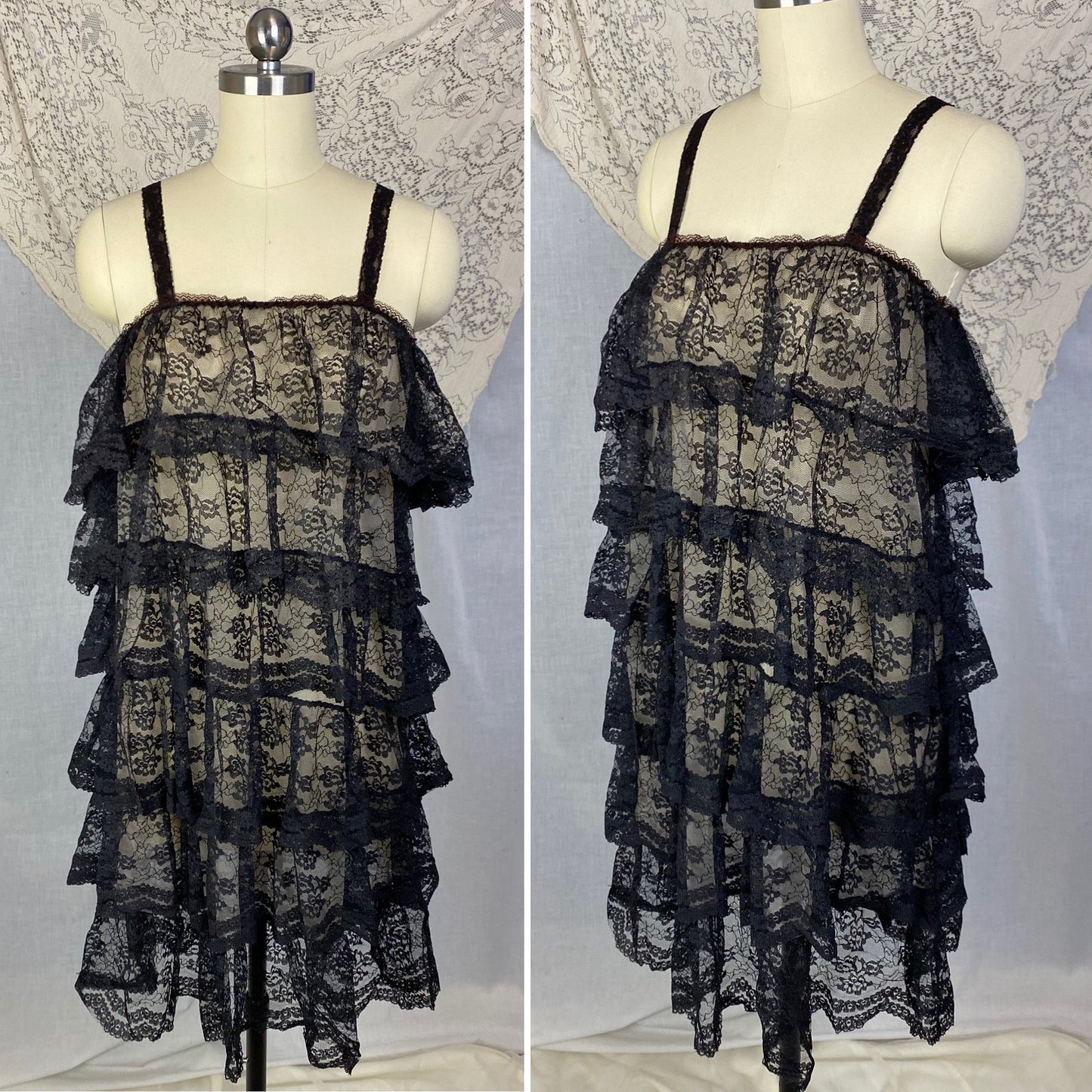 Vintage 1960's Babydoll Nightgown | Black Ruffled Lace Illusion over White Nylon | Size S, M, LG | Jeri Morton - Daggers & Dames
