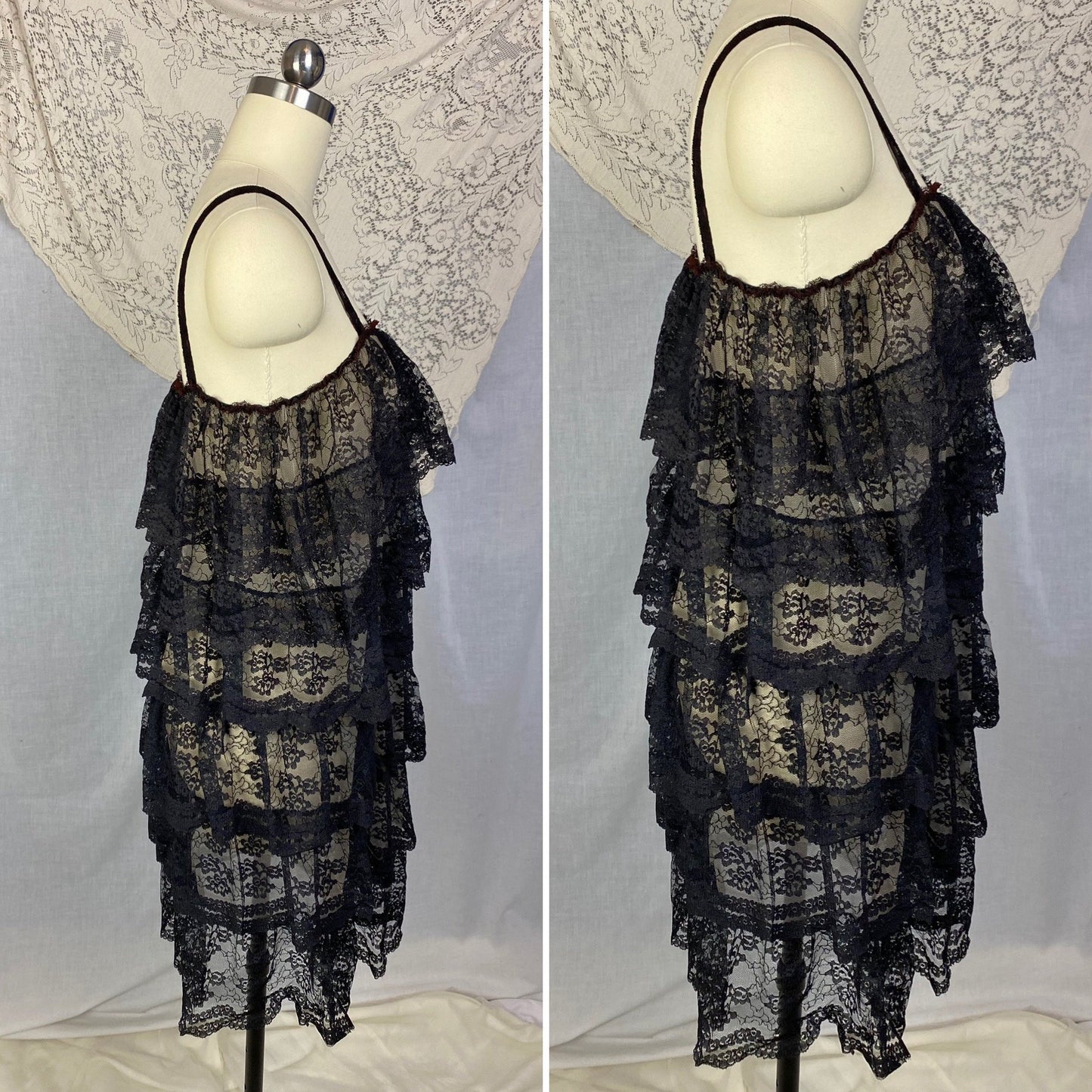 Vintage 1960's Babydoll Nightgown | Black Ruffled Lace Illusion over White Nylon | Size S, M, LG | Jeri Morton - Daggers & Dames