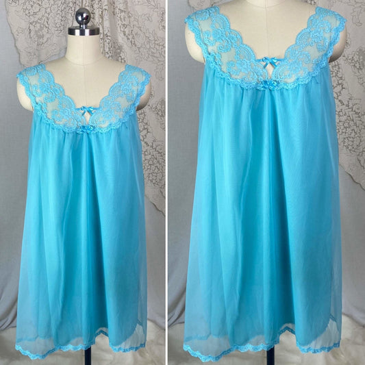 Vintage 1960's Babydoll Nightgown | Bold Cerulean Blue Nylon Chiffon with Lace | Size M, LG | Vanity Fair - Daggers & Dames