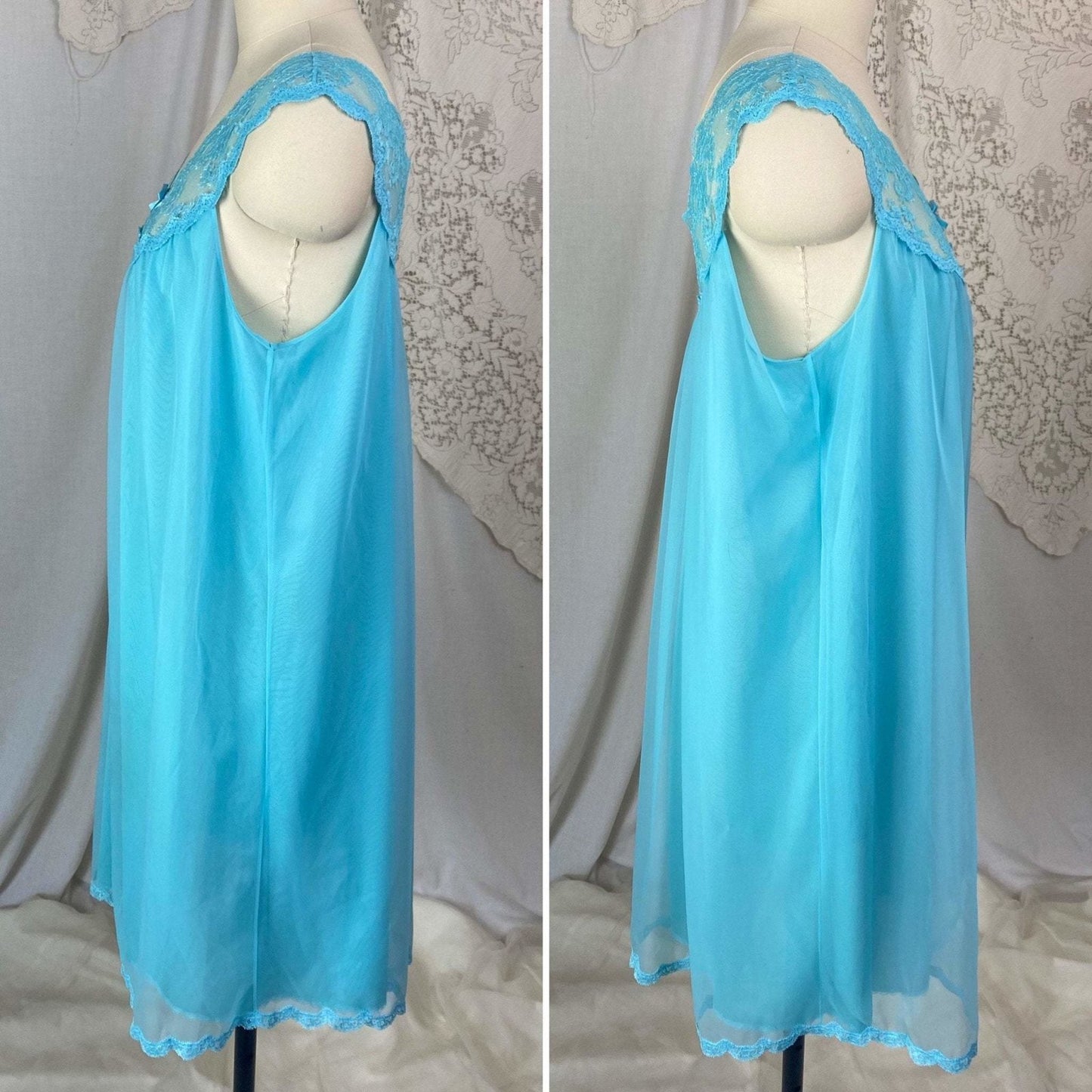 Vintage 1960's Babydoll Nightgown | Bold Cerulean Blue Nylon Chiffon with Lace | Size M, LG | Vanity Fair - Daggers & Dames
