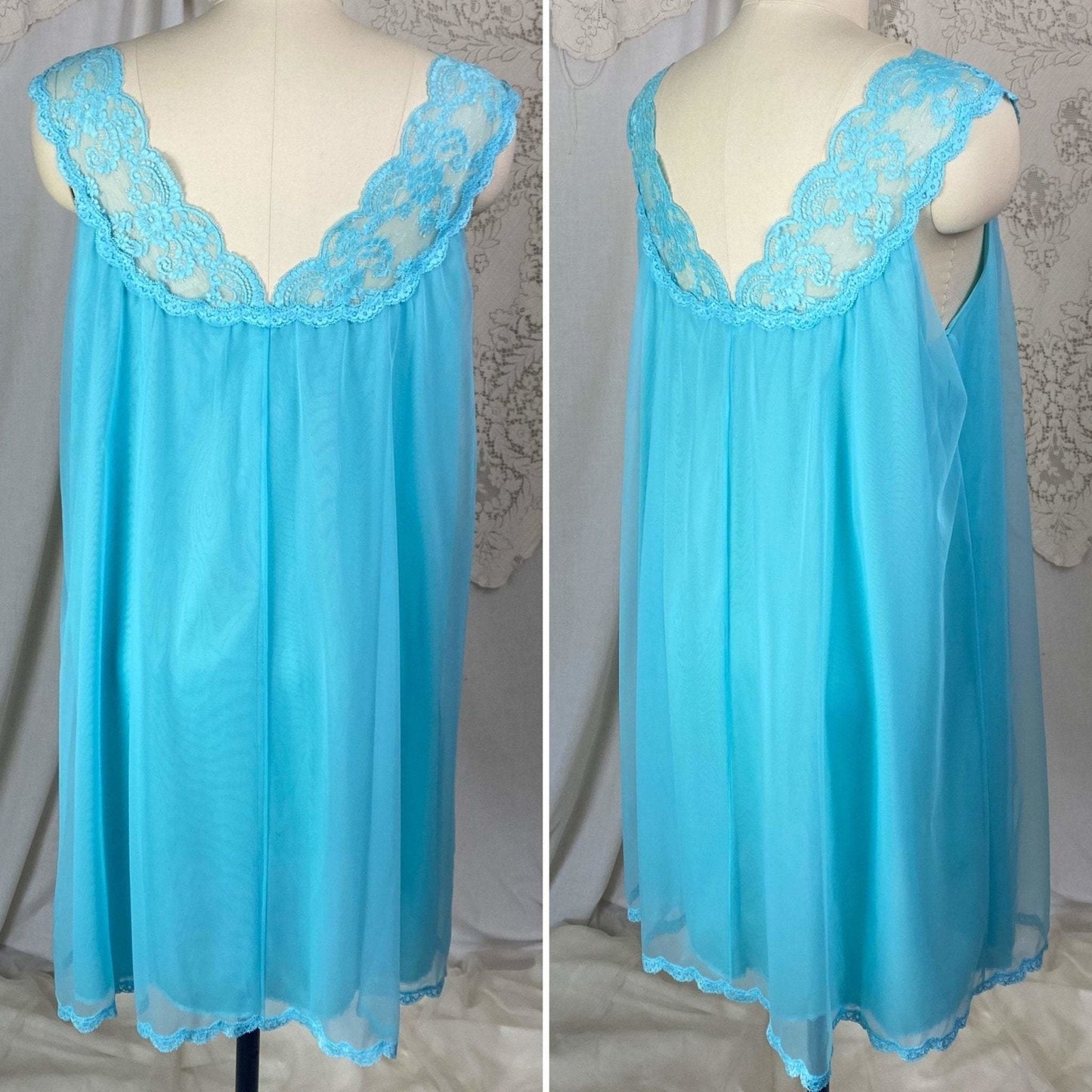 Vintage 1960's Babydoll Nightgown | Bold Cerulean Blue Nylon Chiffon with Lace | Size M, LG | Vanity Fair - Daggers & Dames