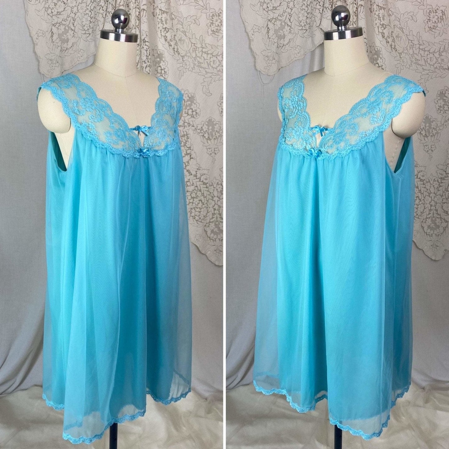 Vintage 1960's Babydoll Nightgown | Bold Cerulean Blue Nylon Chiffon with Lace | Size M, LG | Vanity Fair - Daggers & Dames