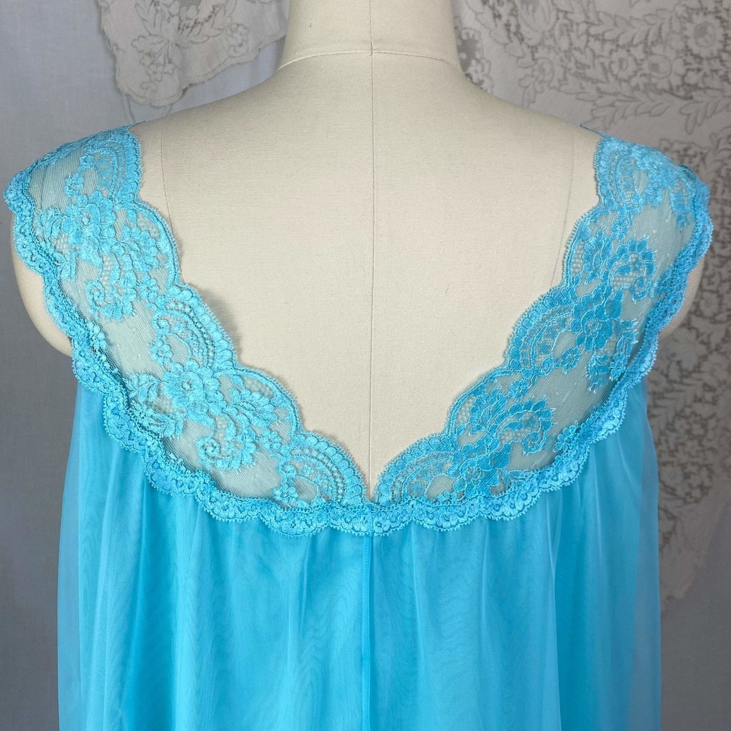 Vintage 1960's Babydoll Nightgown | Bold Cerulean Blue Nylon Chiffon with Lace | Size M, LG | Vanity Fair - Daggers & Dames