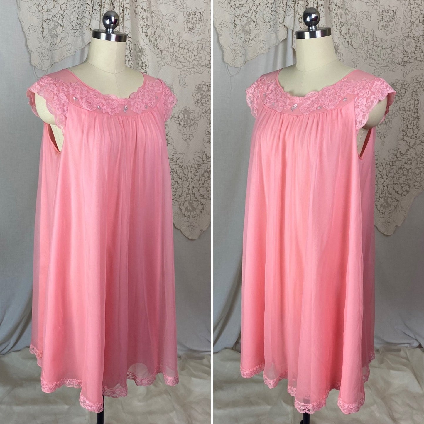Vintage 1960's Babydoll Nightgown | Bright Bubblegum Pink Nylon Chiffon with Lace | Size M, LG | Shadowline - Daggers & Dames