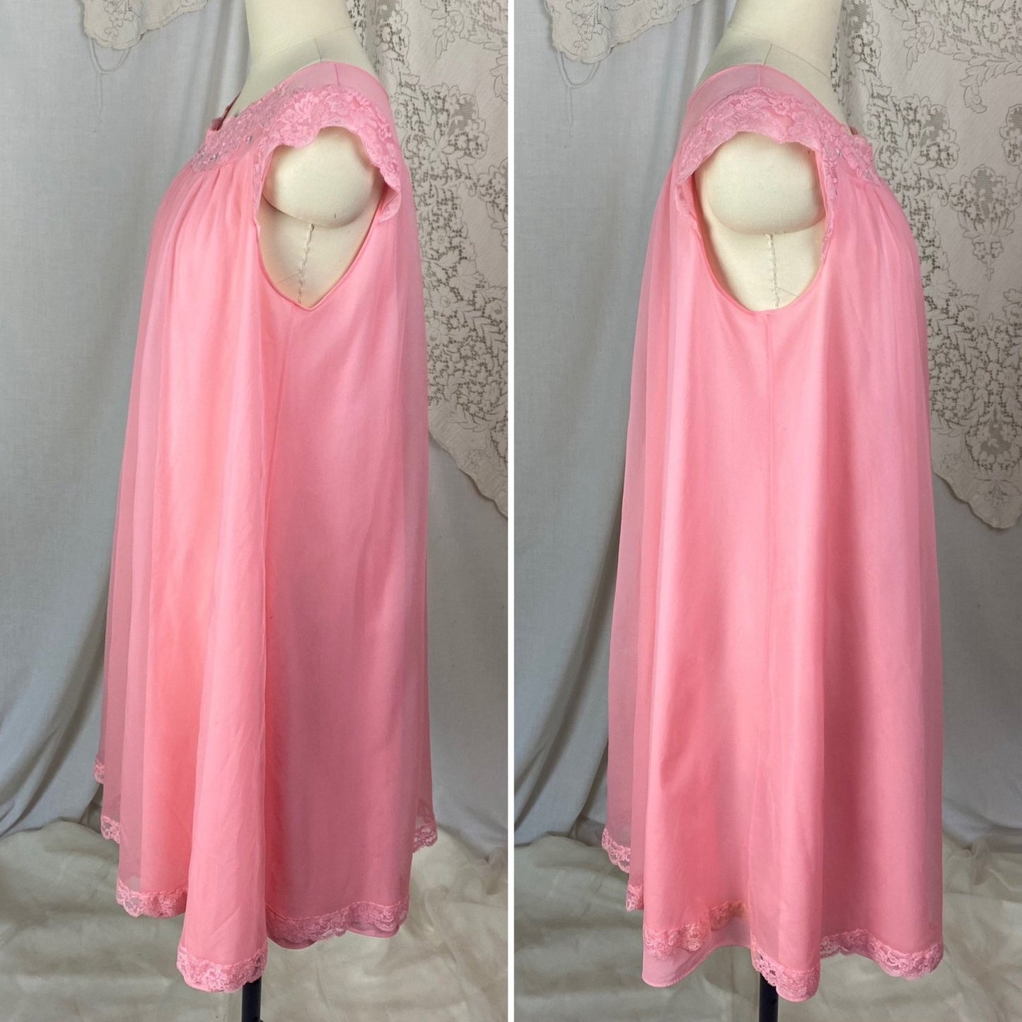 Vintage 1960's Babydoll Nightgown | Bright Bubblegum Pink Nylon Chiffon with Lace | Size M, LG | Shadowline - Daggers & Dames