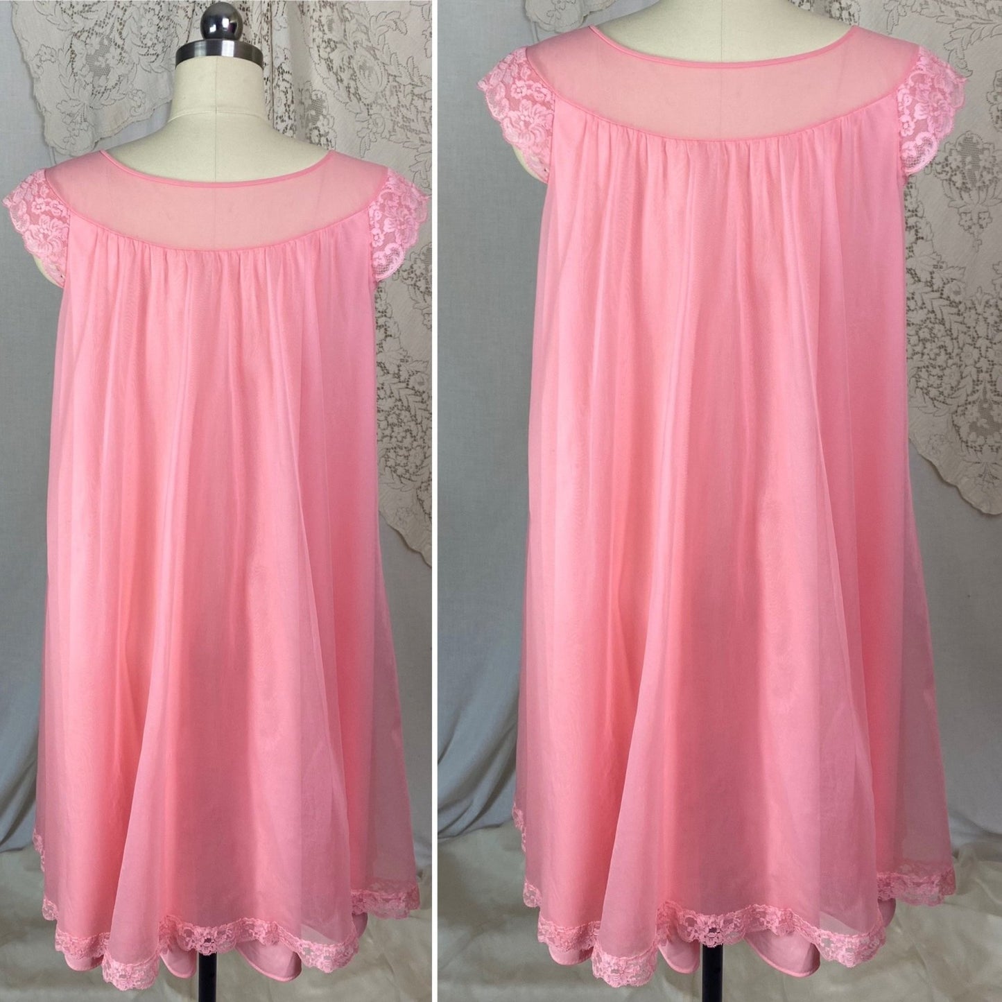 Vintage 1960's Babydoll Nightgown | Bright Bubblegum Pink Nylon Chiffon with Lace | Size M, LG | Shadowline - Daggers & Dames