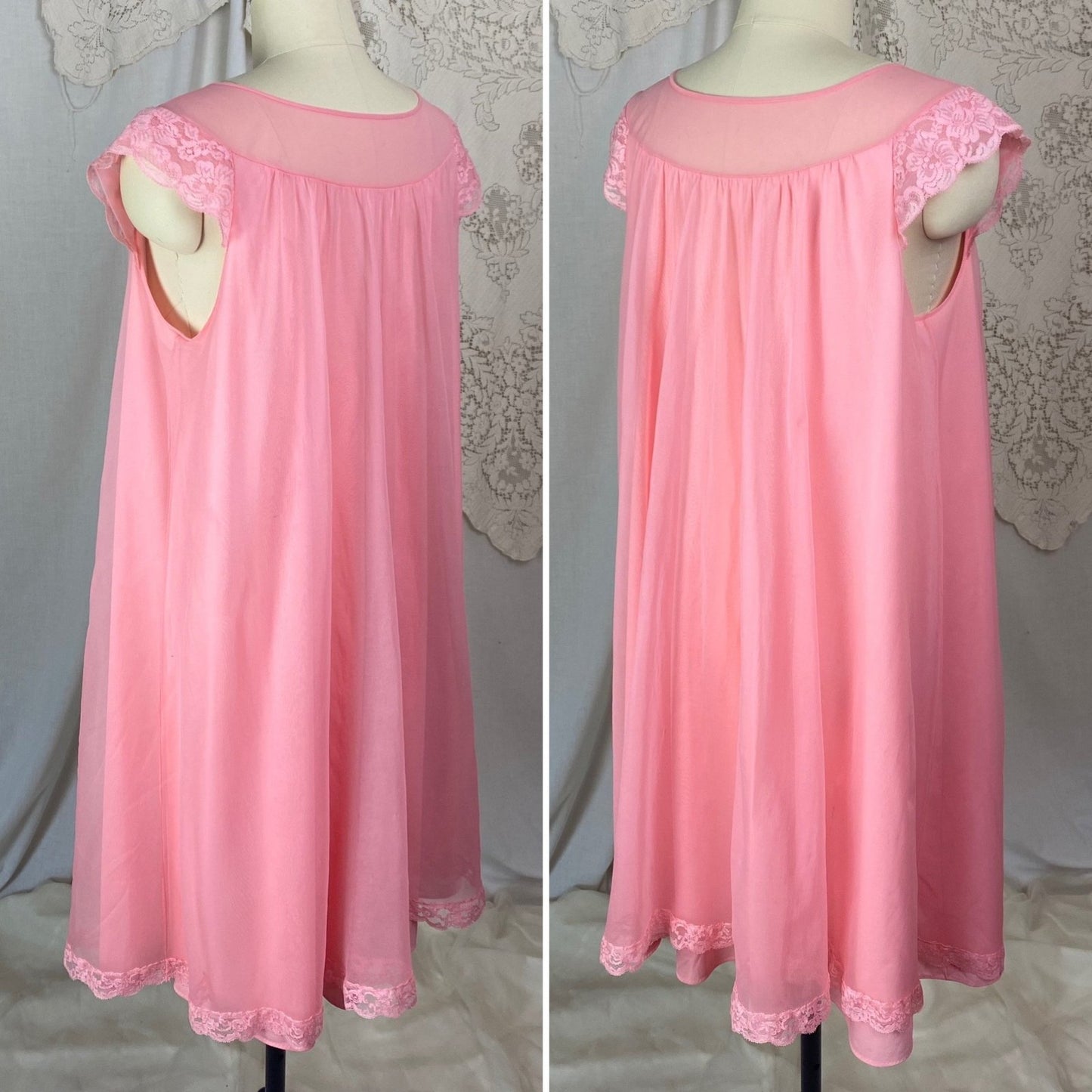 Vintage 1960's Babydoll Nightgown | Bright Bubblegum Pink Nylon Chiffon with Lace | Size M, LG | Shadowline - Daggers & Dames