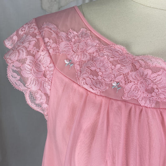 Vintage 1960's Babydoll Nightgown | Bright Bubblegum Pink Nylon Chiffon with Lace | Size M, LG | Shadowline - Daggers & Dames