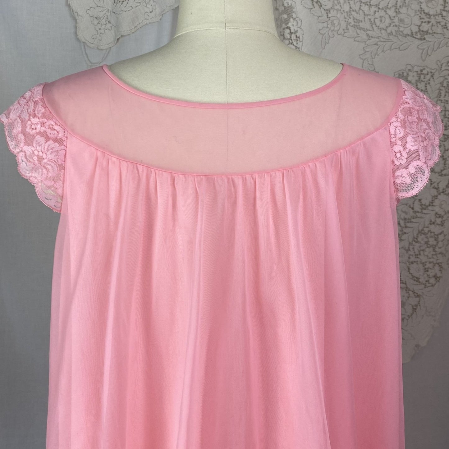 Vintage 1960's Babydoll Nightgown | Bright Bubblegum Pink Nylon Chiffon with Lace | Size M, LG | Shadowline - Daggers & Dames
