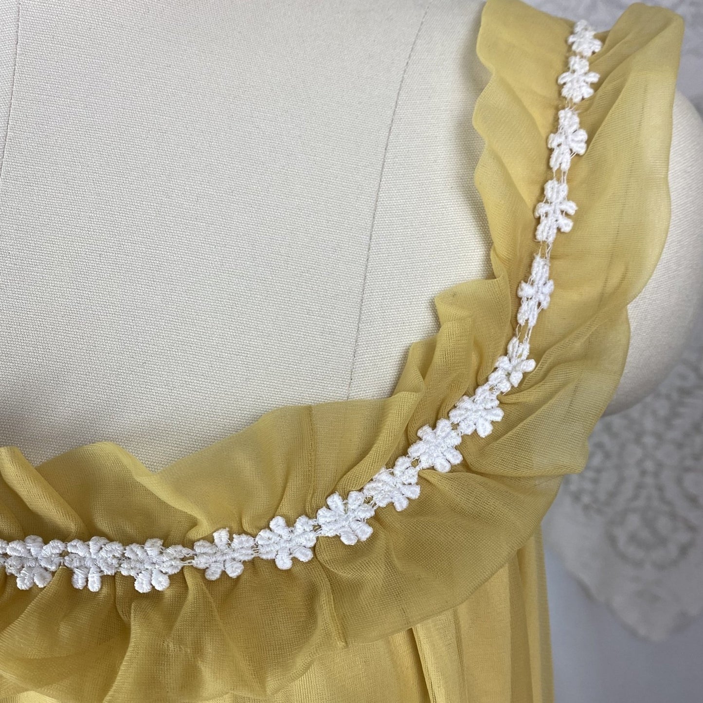 Vintage 1960's Babydoll Nightgown | Goldenrod Yellow Nylon with White Floral Cotton Lace & Ruffles | Size LG, XLG | Mistee - Daggers & Dames