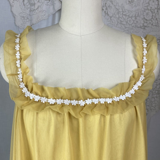 Vintage 1960's Babydoll Nightgown | Goldenrod Yellow Nylon with White Floral Cotton Lace & Ruffles | Size LG, XLG | Mistee - Daggers & Dames