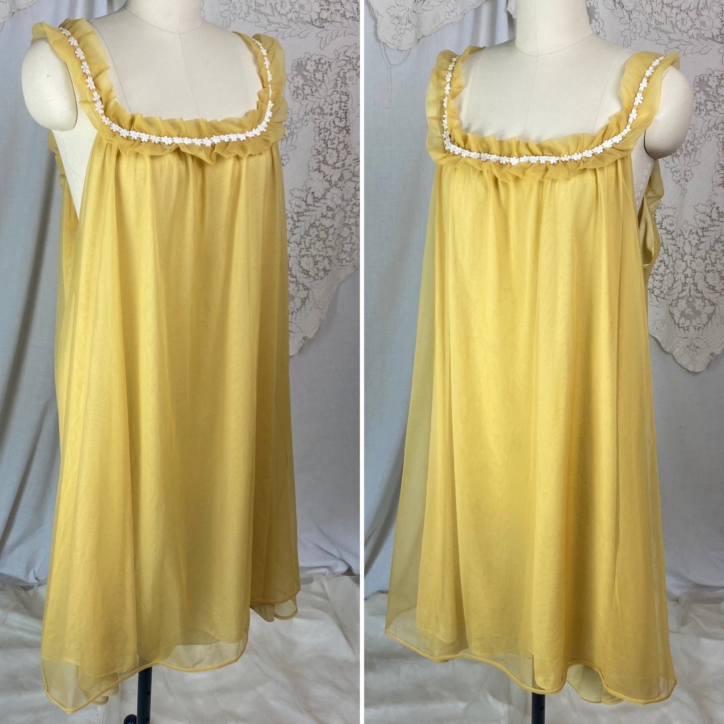 Vintage 1960's Babydoll Nightgown | Goldenrod Yellow Nylon with White Floral Cotton Lace & Ruffles | Size LG, XLG | Mistee - Daggers & Dames
