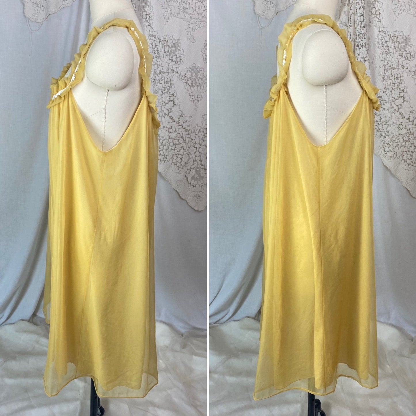 Vintage 1960's Babydoll Nightgown | Goldenrod Yellow Nylon with White Floral Cotton Lace & Ruffles | Size LG, XLG | Mistee - Daggers & Dames