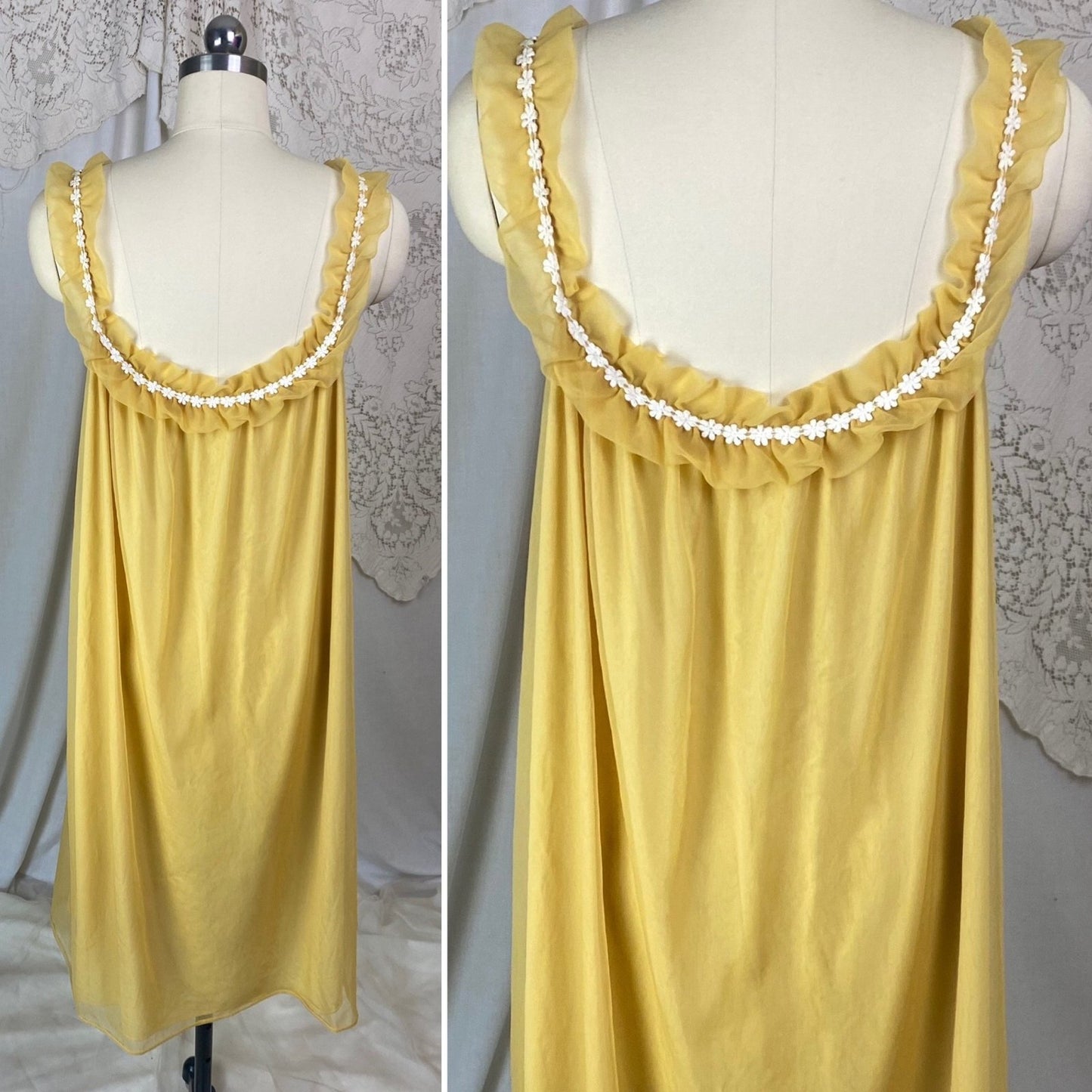 Vintage 1960's Babydoll Nightgown | Goldenrod Yellow Nylon with White Floral Cotton Lace & Ruffles | Size LG, XLG | Mistee - Daggers & Dames