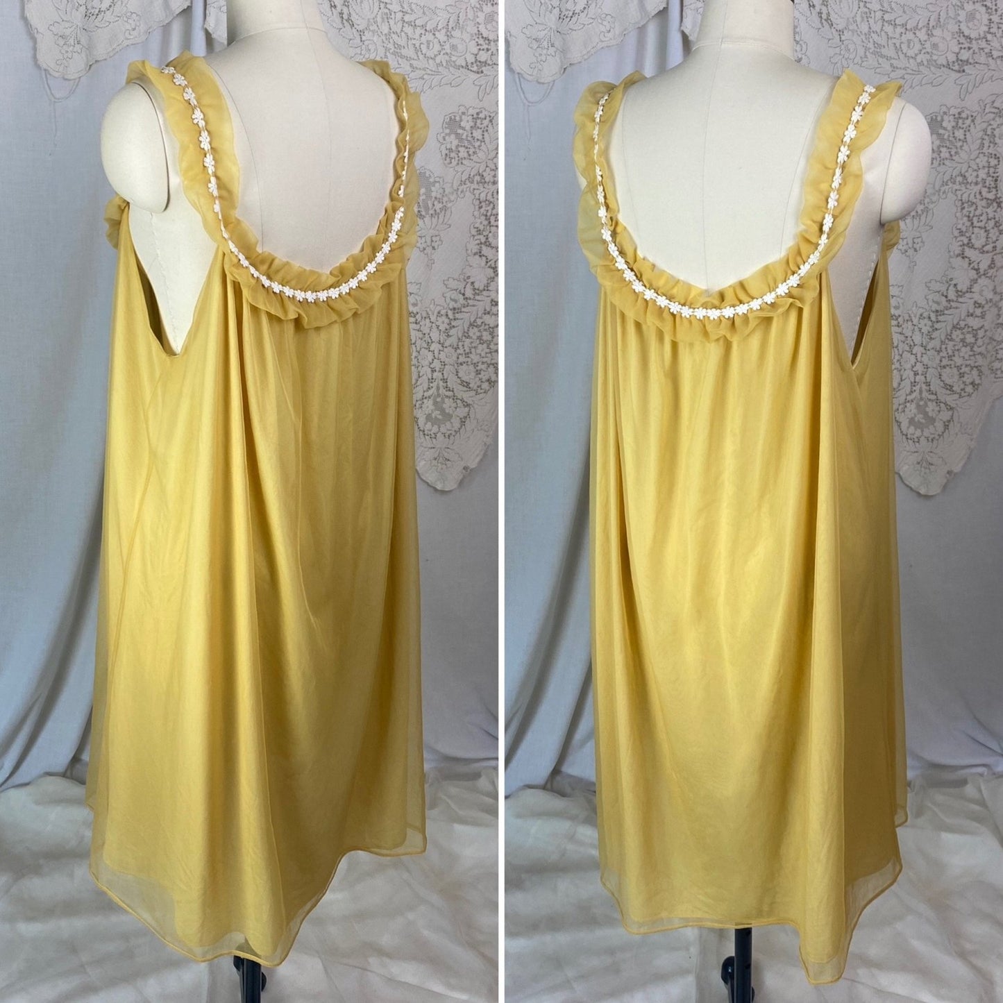 Vintage 1960's Babydoll Nightgown | Goldenrod Yellow Nylon with White Floral Cotton Lace & Ruffles | Size LG, XLG | Mistee - Daggers & Dames