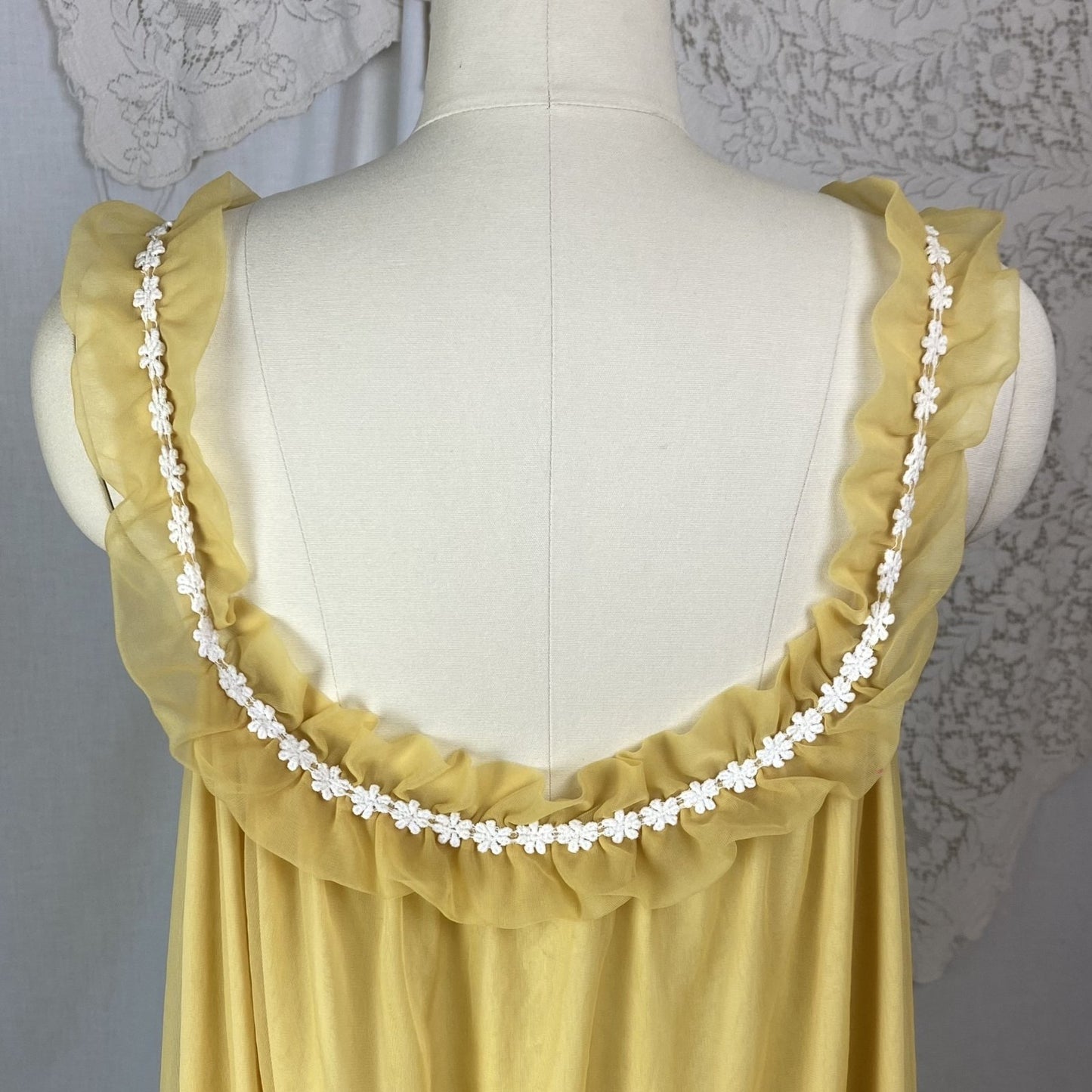 Vintage 1960's Babydoll Nightgown | Goldenrod Yellow Nylon with White Floral Cotton Lace & Ruffles | Size LG, XLG | Mistee - Daggers & Dames