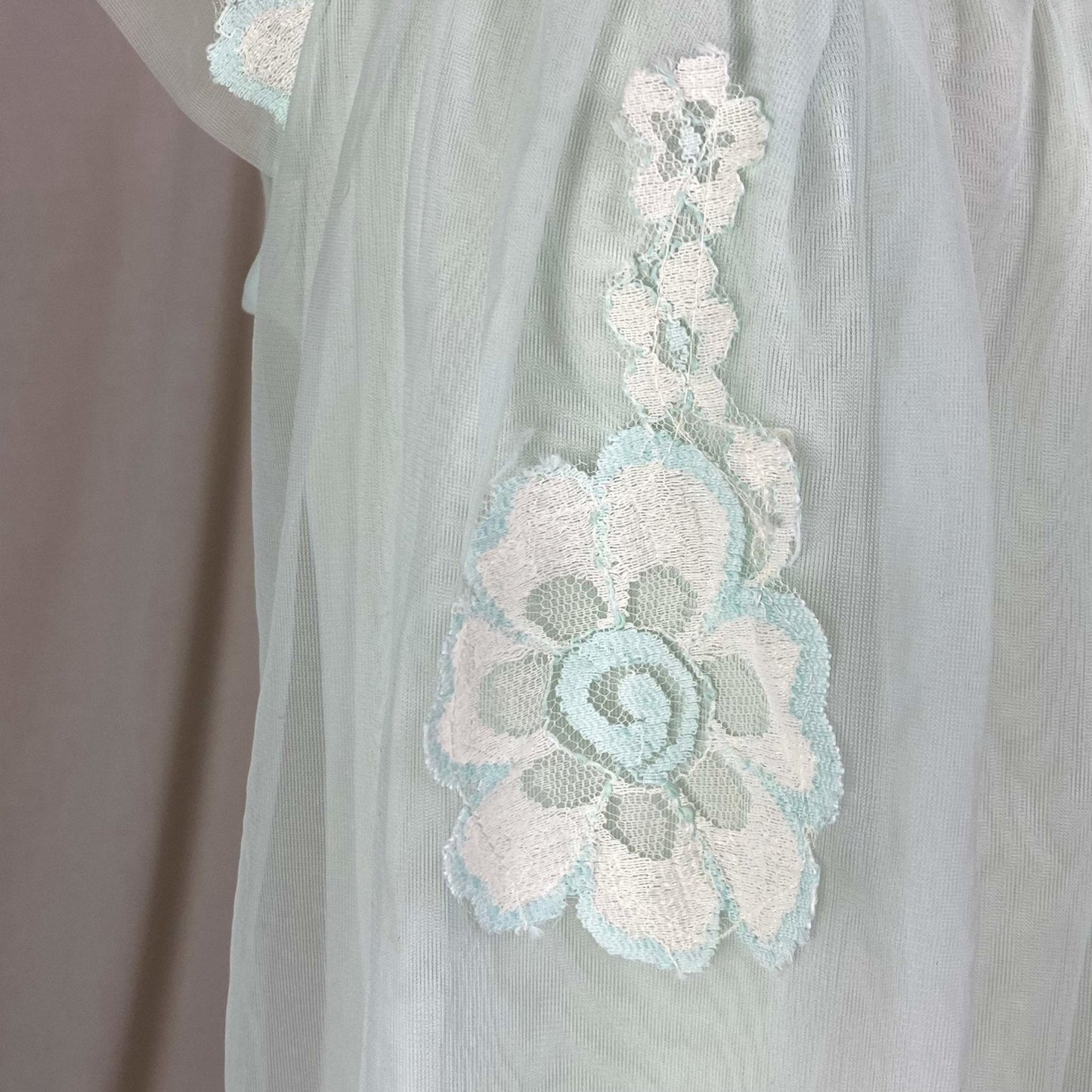 Vintage 1960's Babydoll Nightgown | Pale Aqua Nylon Chiffon with Floral Lace Appliqué | Size S - Daggers & Dames