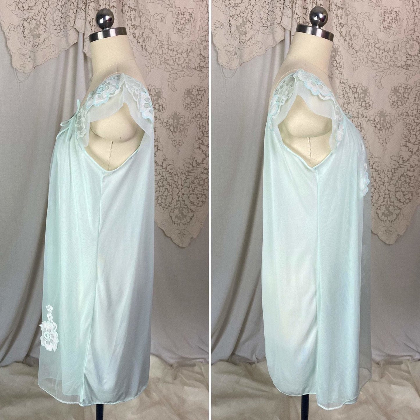 Vintage 1960's Babydoll Nightgown | Pale Aqua Nylon Chiffon with Floral Lace Appliqué | Size S - Daggers & Dames