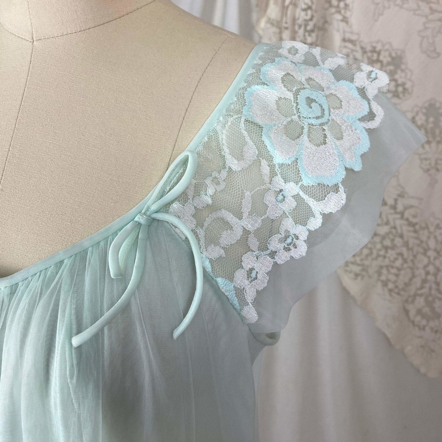 Vintage 1960's Babydoll Nightgown | Pale Aqua Nylon Chiffon with Floral Lace Appliqué | Size S - Daggers & Dames