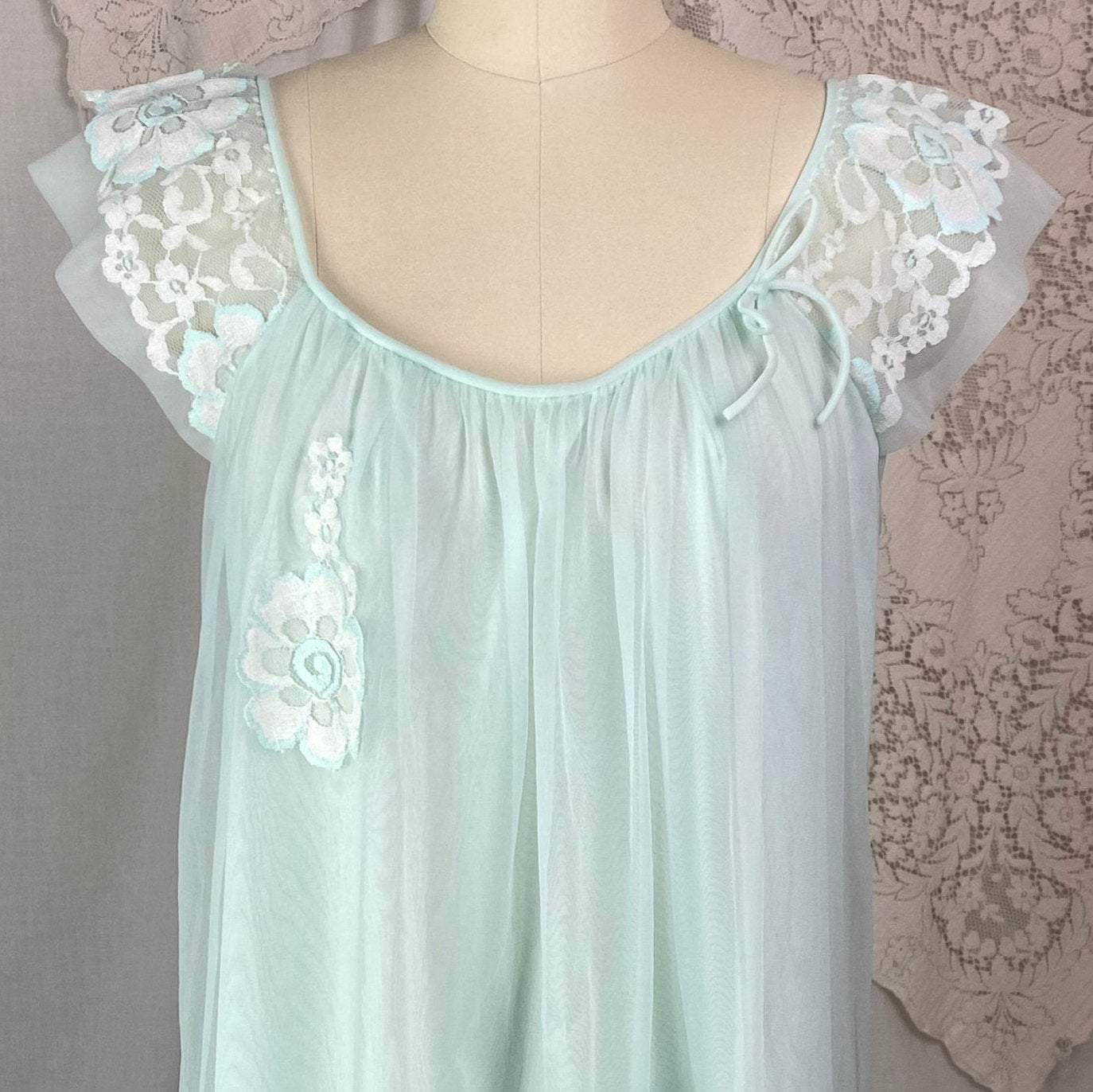 Vintage 1960's Babydoll Nightgown | Pale Aqua Nylon Chiffon with Floral Lace Appliqué | Size S - Daggers & Dames