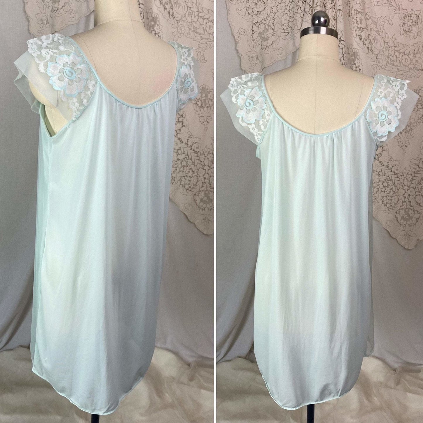 Vintage 1960's Babydoll Nightgown | Pale Aqua Nylon Chiffon with Floral Lace Appliqué | Size S - Daggers & Dames