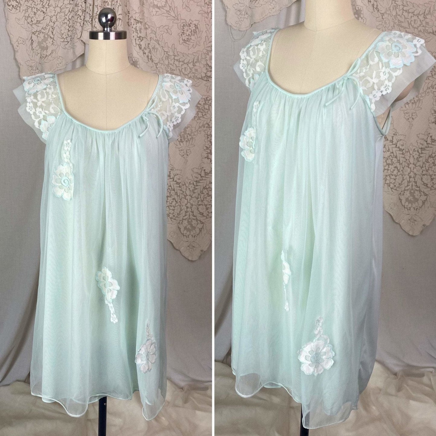 Vintage 1960's Babydoll Nightgown | Pale Aqua Nylon Chiffon with Floral Lace Appliqué | Size S - Daggers & Dames