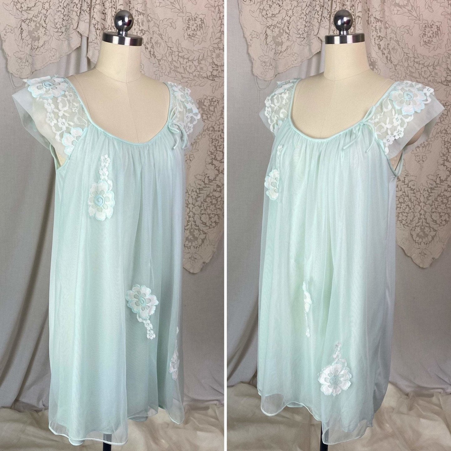 Vintage 1960's Babydoll Nightgown | Pale Aqua Nylon Chiffon with Floral Lace Appliqué | Size S - Daggers & Dames