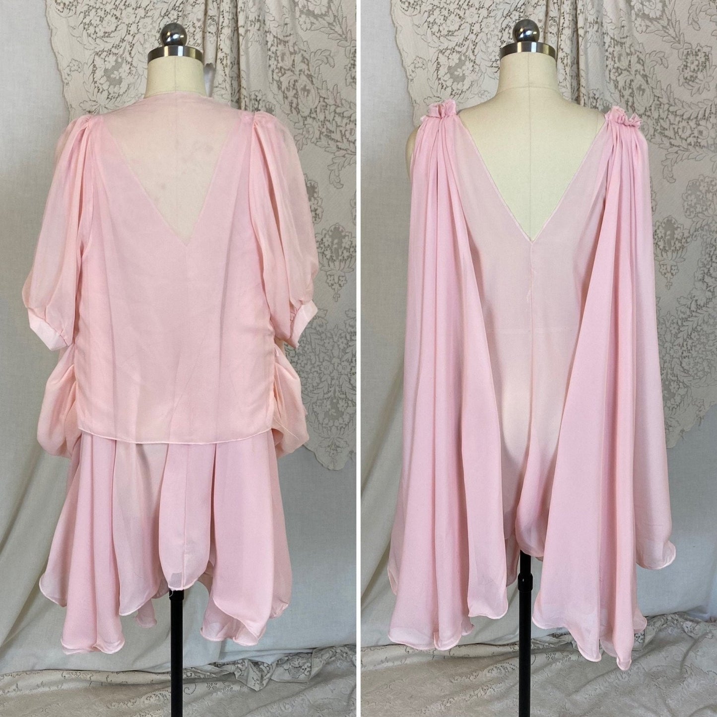 Vintage 1960's Babydoll Nightgown & Peignoir Set | Angelic Sheer Petal Pink Chiffon with Ruffled Hem | Size M - Daggers & Dames