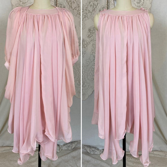 Vintage 1960's Babydoll Nightgown & Peignoir Set | Angelic Sheer Petal Pink Chiffon with Ruffled Hem | Size M - Daggers & Dames