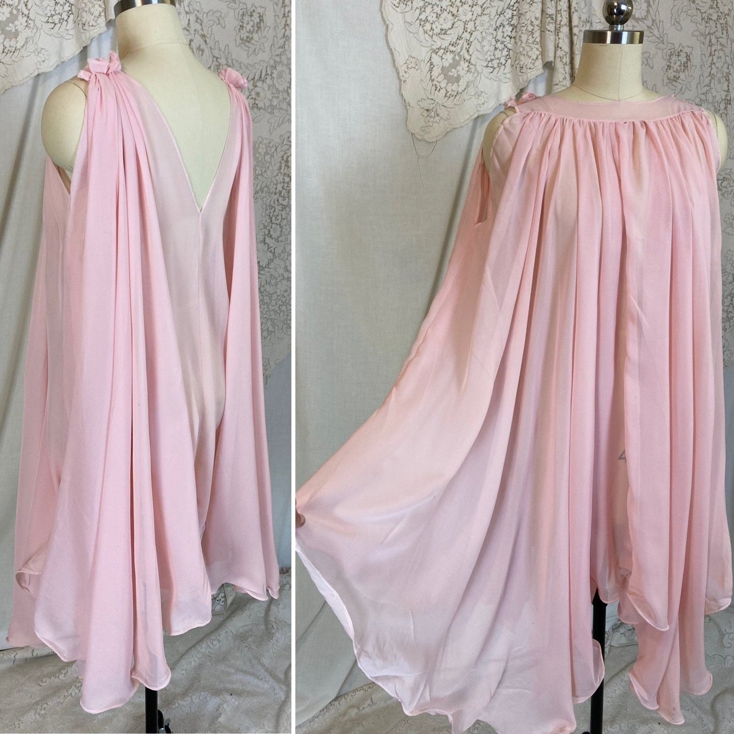 Vintage 1960's Babydoll Nightgown & Peignoir Set | Angelic Sheer Petal Pink Chiffon with Ruffled Hem | Size M - Daggers & Dames