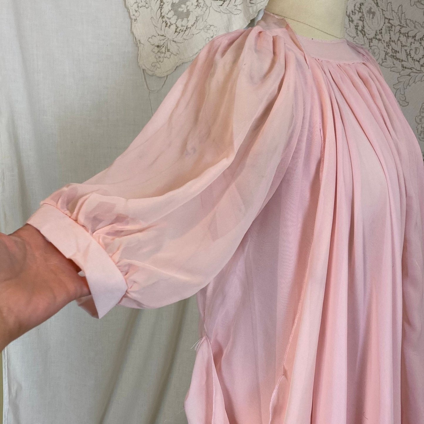 Vintage 1960's Babydoll Nightgown & Peignoir Set | Angelic Sheer Petal Pink Chiffon with Ruffled Hem | Size M - Daggers & Dames