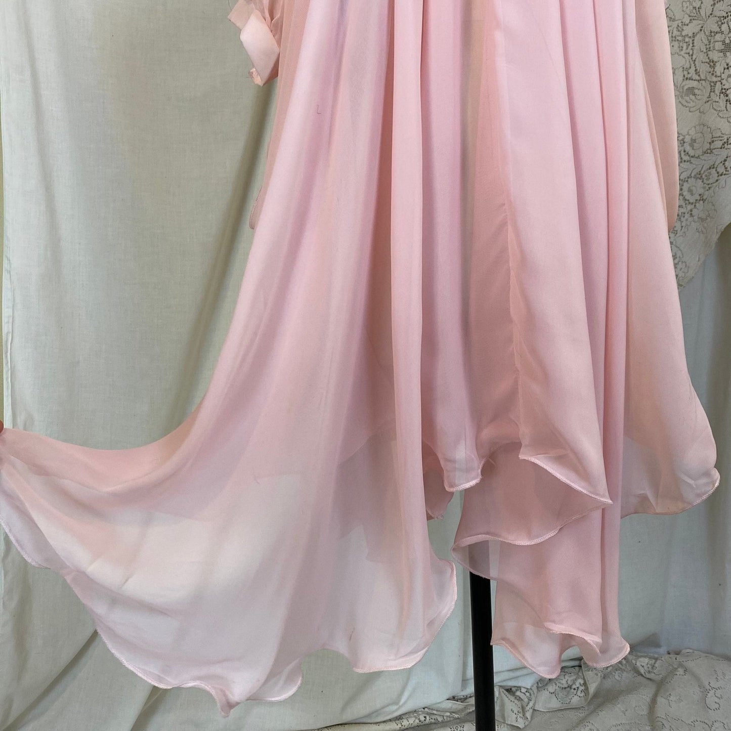 Vintage 1960's Babydoll Nightgown & Peignoir Set | Angelic Sheer Petal Pink Chiffon with Ruffled Hem | Size M - Daggers & Dames