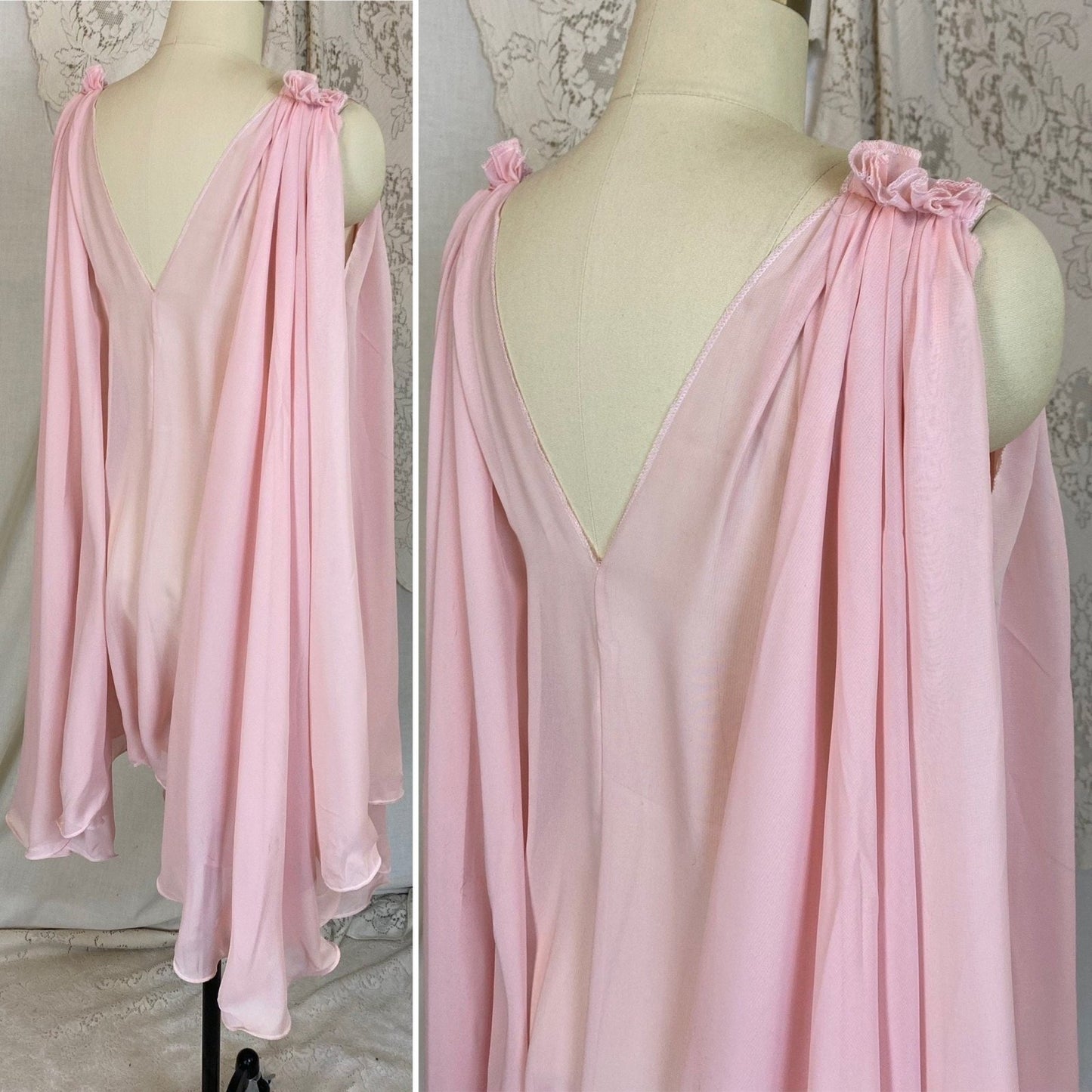 Vintage 1960's Babydoll Nightgown & Peignoir Set | Angelic Sheer Petal Pink Chiffon with Ruffled Hem | Size M - Daggers & Dames