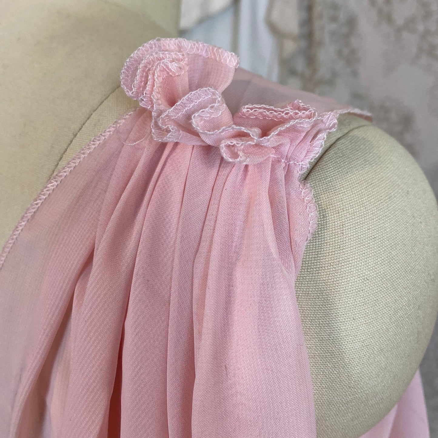 Vintage 1960's Babydoll Nightgown & Peignoir Set | Angelic Sheer Petal Pink Chiffon with Ruffled Hem | Size M - Daggers & Dames