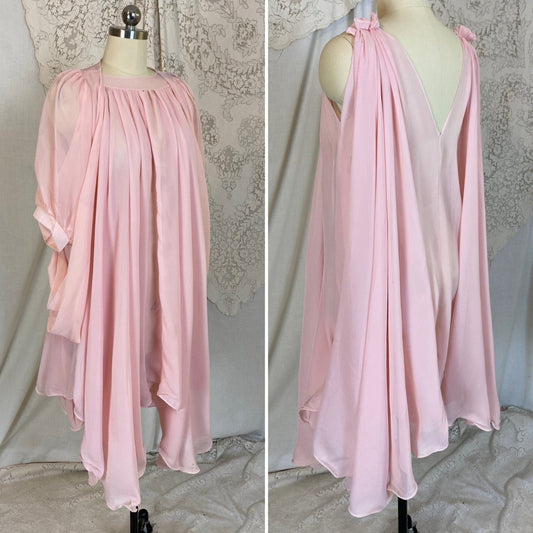 Vintage 1960's Babydoll Nightgown & Peignoir Set | Angelic Sheer Petal Pink Chiffon with Ruffled Hem | Size M - Daggers & Dames