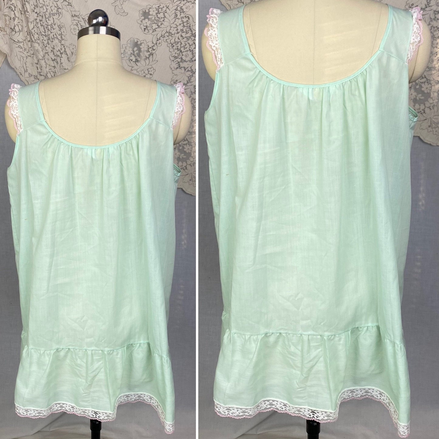 Vintage 1960's Babydoll Nightgown | Pistachio Green Cotton Blend with Floral Embroidery & Lace | Size M, LG | Katz - Daggers & Dames