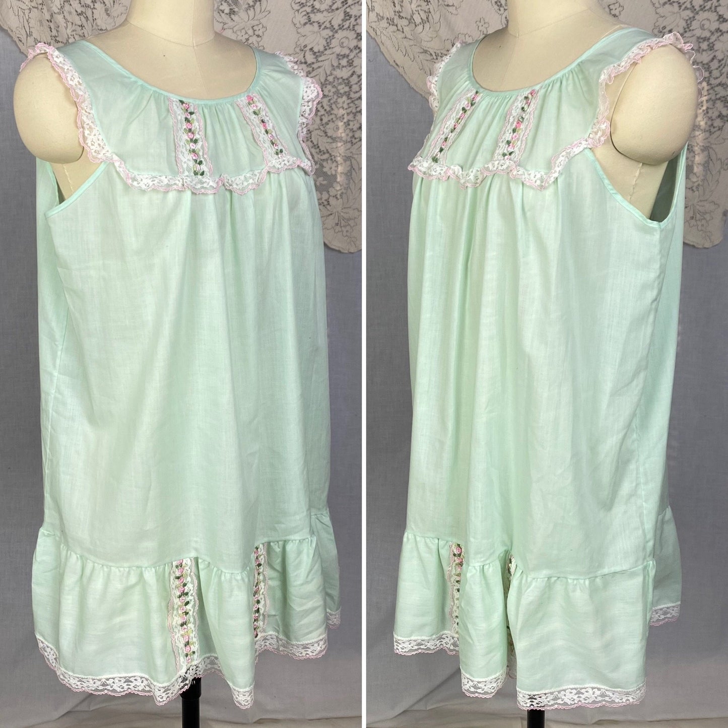 Vintage 1960's Babydoll Nightgown | Pistachio Green Cotton Blend with Floral Embroidery & Lace | Size M, LG | Katz - Daggers & Dames