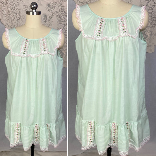 Vintage 1960's Babydoll Nightgown | Pistachio Green Cotton Blend with Floral Embroidery & Lace | Size M, LG | Katz - Daggers & Dames
