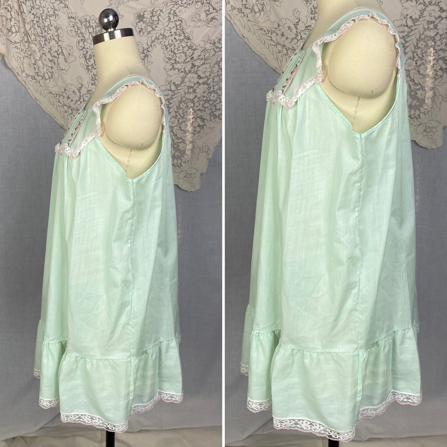 Vintage 1960's Babydoll Nightgown | Pistachio Green Cotton Blend with Floral Embroidery & Lace | Size M, LG | Katz - Daggers & Dames