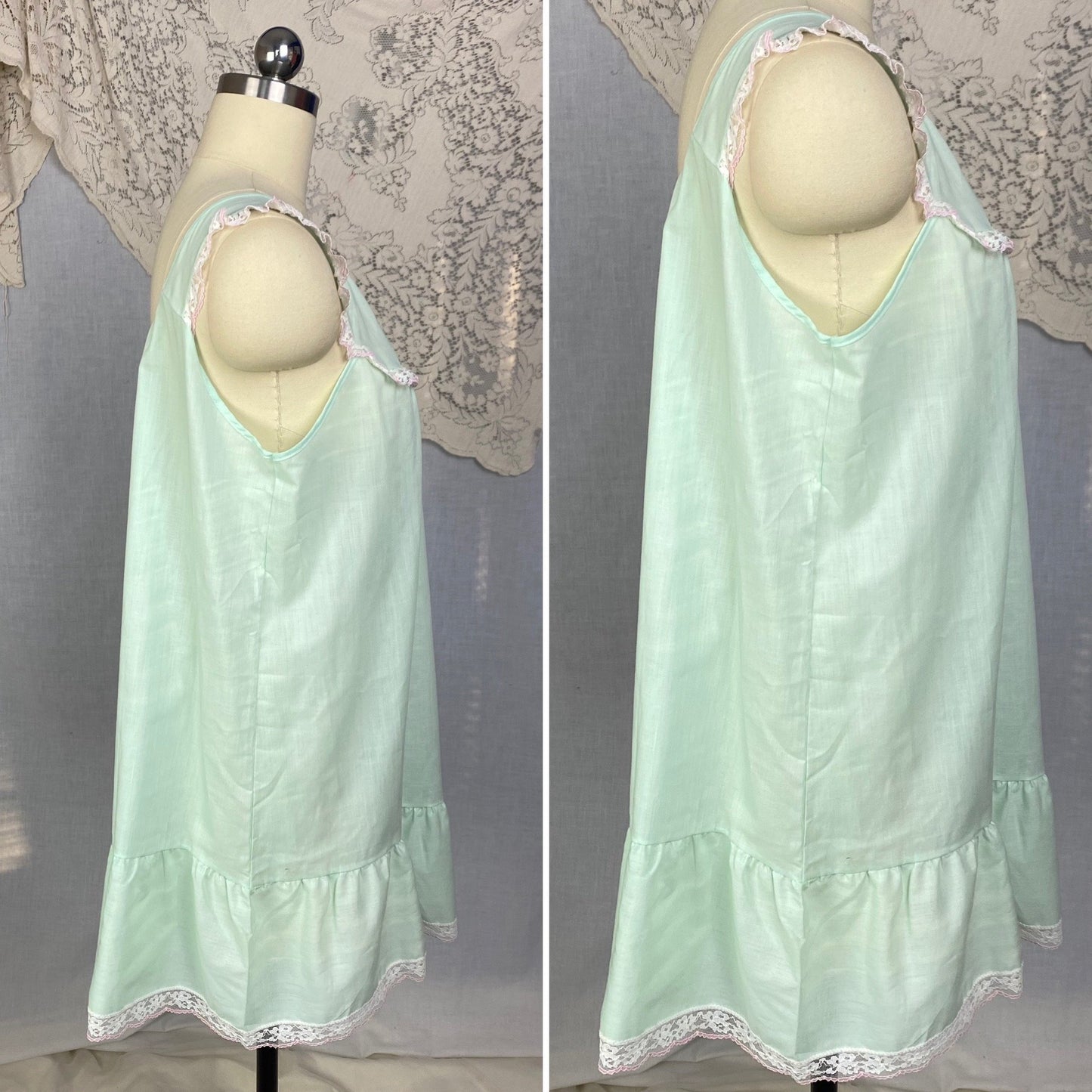 Vintage 1960's Babydoll Nightgown | Pistachio Green Cotton Blend with Floral Embroidery & Lace | Size M, LG | Katz - Daggers & Dames