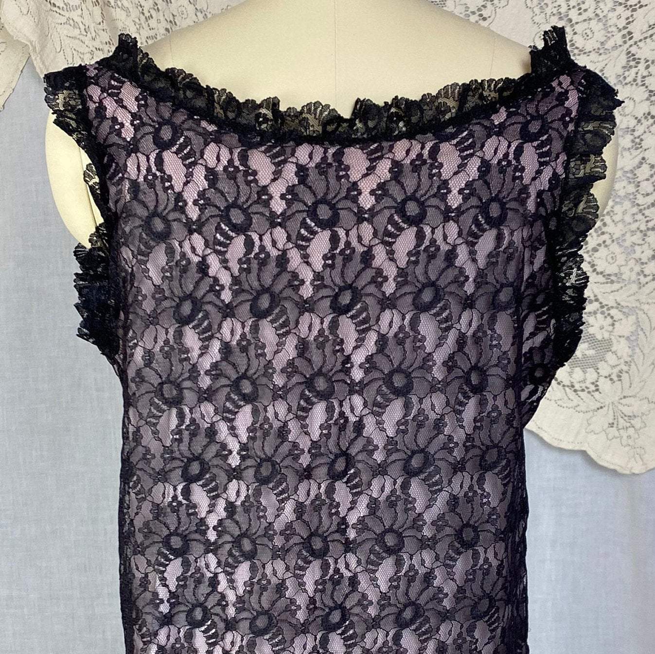 Vintage 1960's Babydoll Nightgown | Sheer Black Floral Lace Illusion over Pink Nylon with Ruffles | Size M, LG - Daggers & Dames