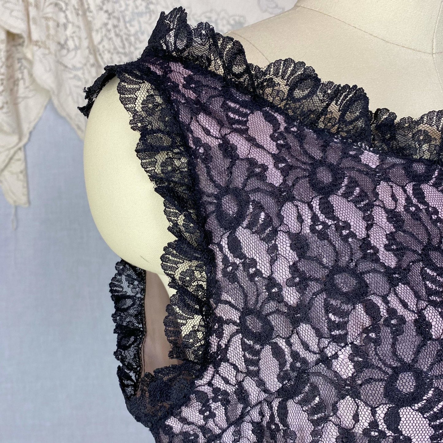 Vintage 1960's Babydoll Nightgown | Sheer Black Floral Lace Illusion over Pink Nylon with Ruffles | Size M, LG - Daggers & Dames