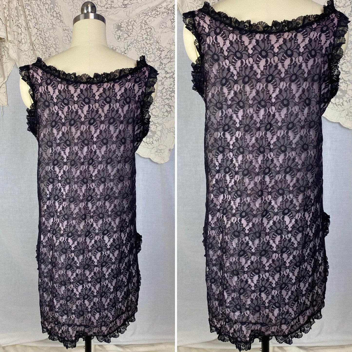 Vintage 1960's Babydoll Nightgown | Sheer Black Floral Lace Illusion over Pink Nylon with Ruffles | Size M, LG - Daggers & Dames
