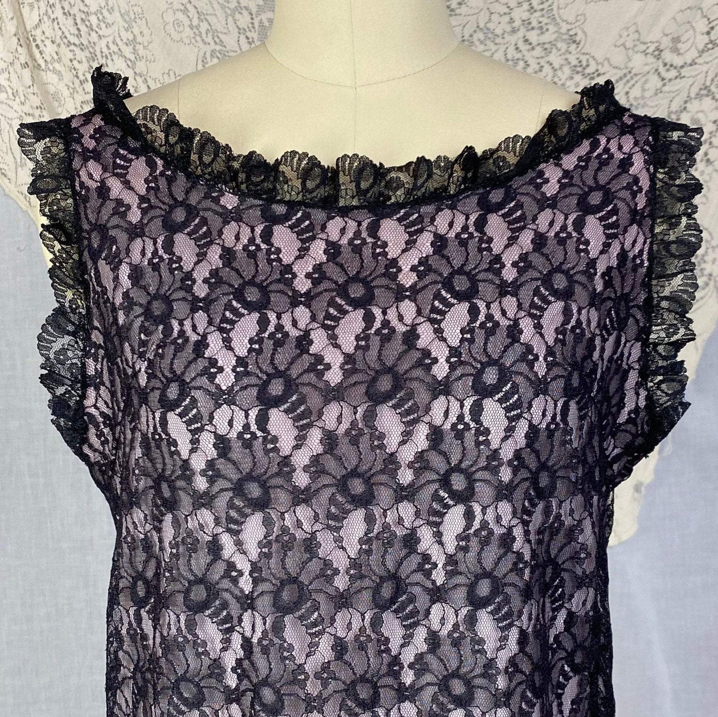 Vintage 1960's Babydoll Nightgown | Sheer Black Floral Lace Illusion over Pink Nylon with Ruffles | Size M, LG - Daggers & Dames