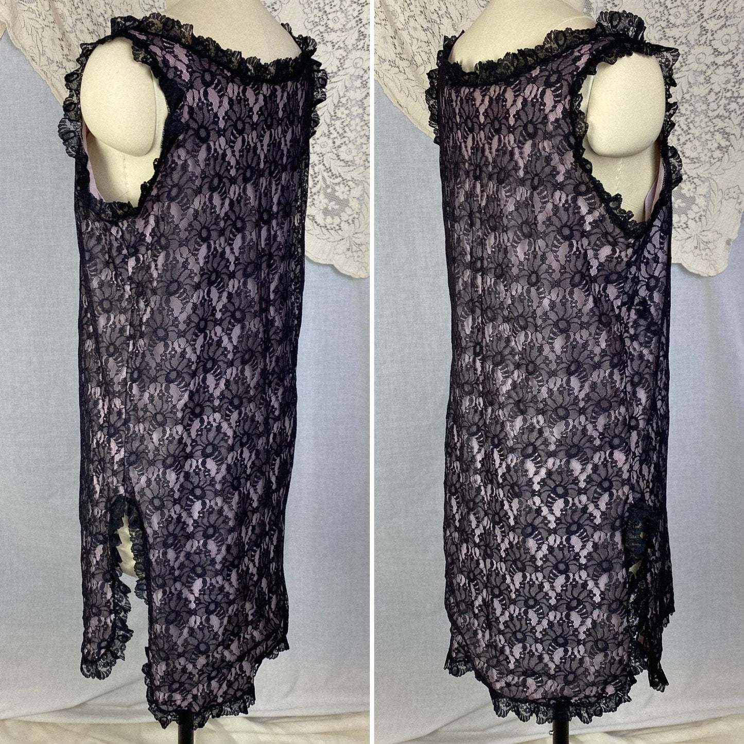Vintage 1960's Babydoll Nightgown | Sheer Black Floral Lace Illusion over Pink Nylon with Ruffles | Size M, LG - Daggers & Dames