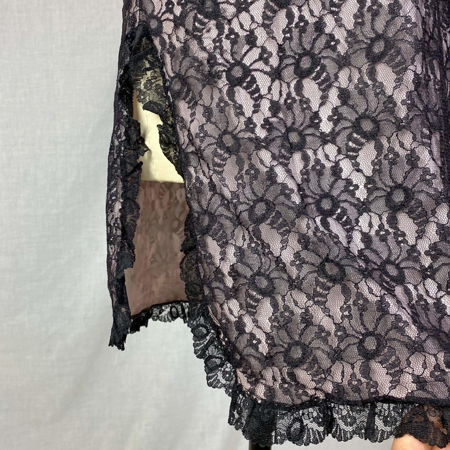 Vintage 1960's Babydoll Nightgown | Sheer Black Floral Lace Illusion over Pink Nylon with Ruffles | Size M, LG - Daggers & Dames