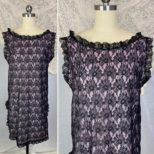 Vintage 1960's Babydoll Nightgown | Sheer Black Floral Lace Illusion over Pink Nylon with Ruffles | Size M, LG - Daggers & Dames