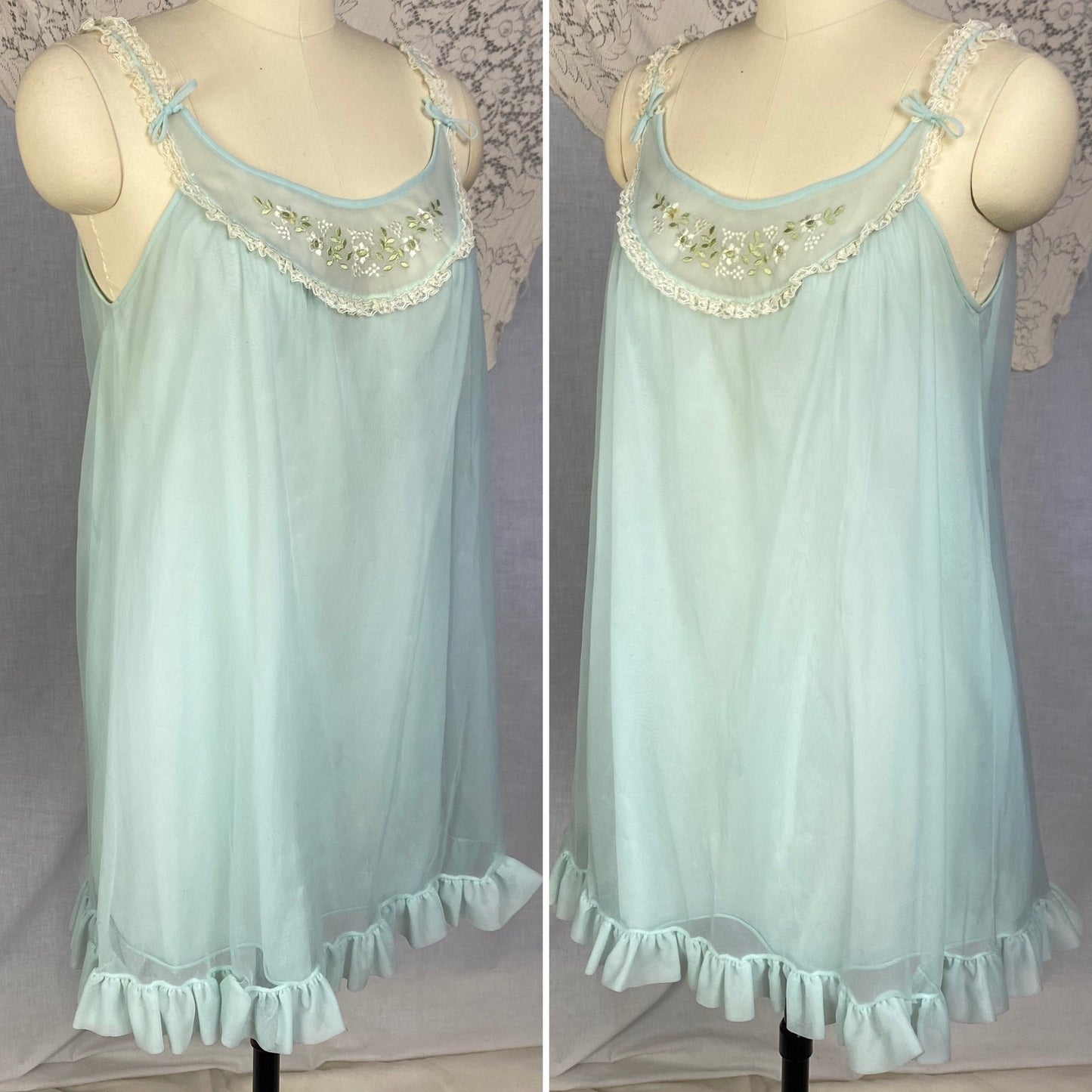 Vintage 1960's Babydoll Nightgown | Sky Blue Nylon Chiffon with Floral Embroidery & Ruffled Hem | Size XS, S | Kayser - Daggers & Dames