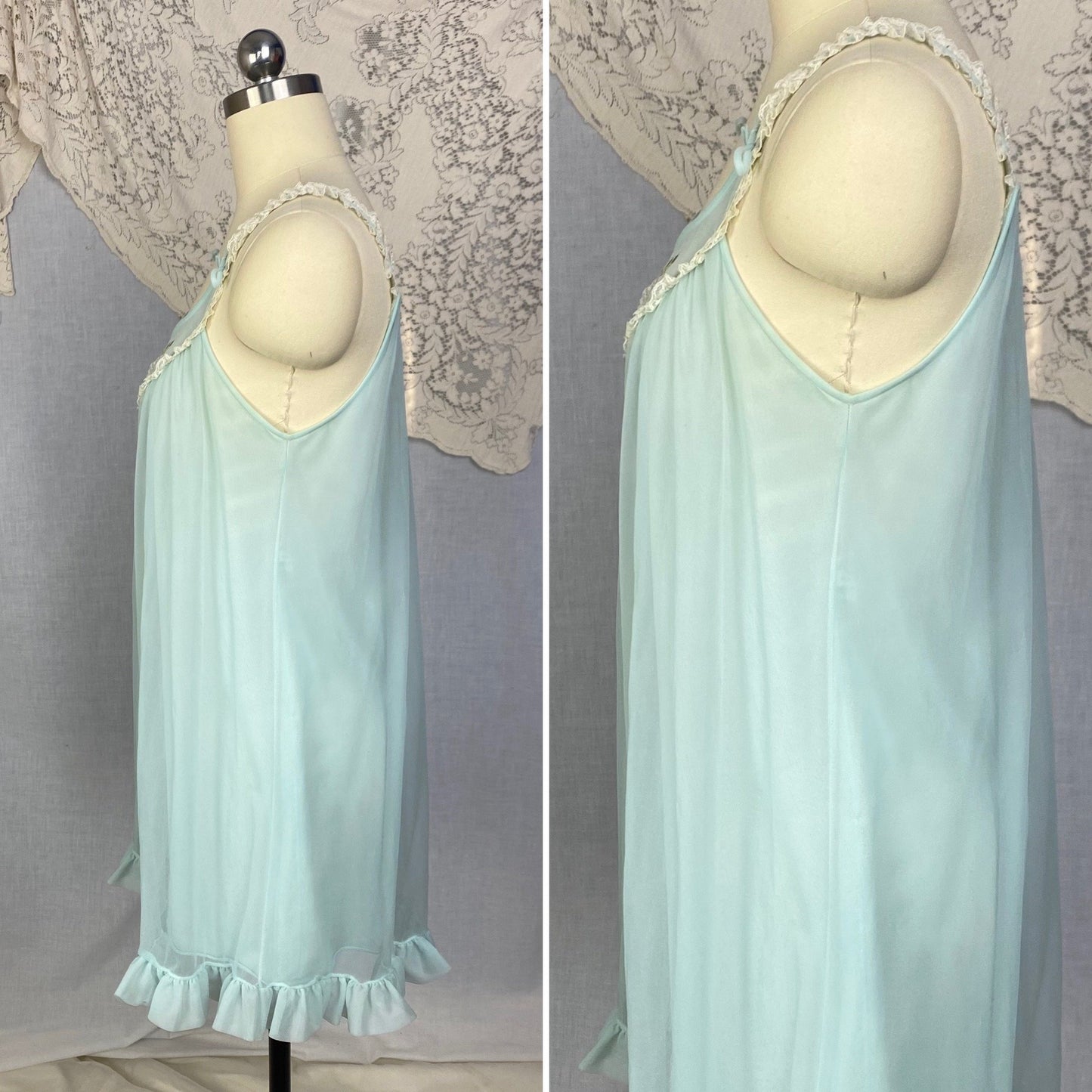 Vintage 1960's Babydoll Nightgown | Sky Blue Nylon Chiffon with Floral Embroidery & Ruffled Hem | Size XS, S | Kayser - Daggers & Dames