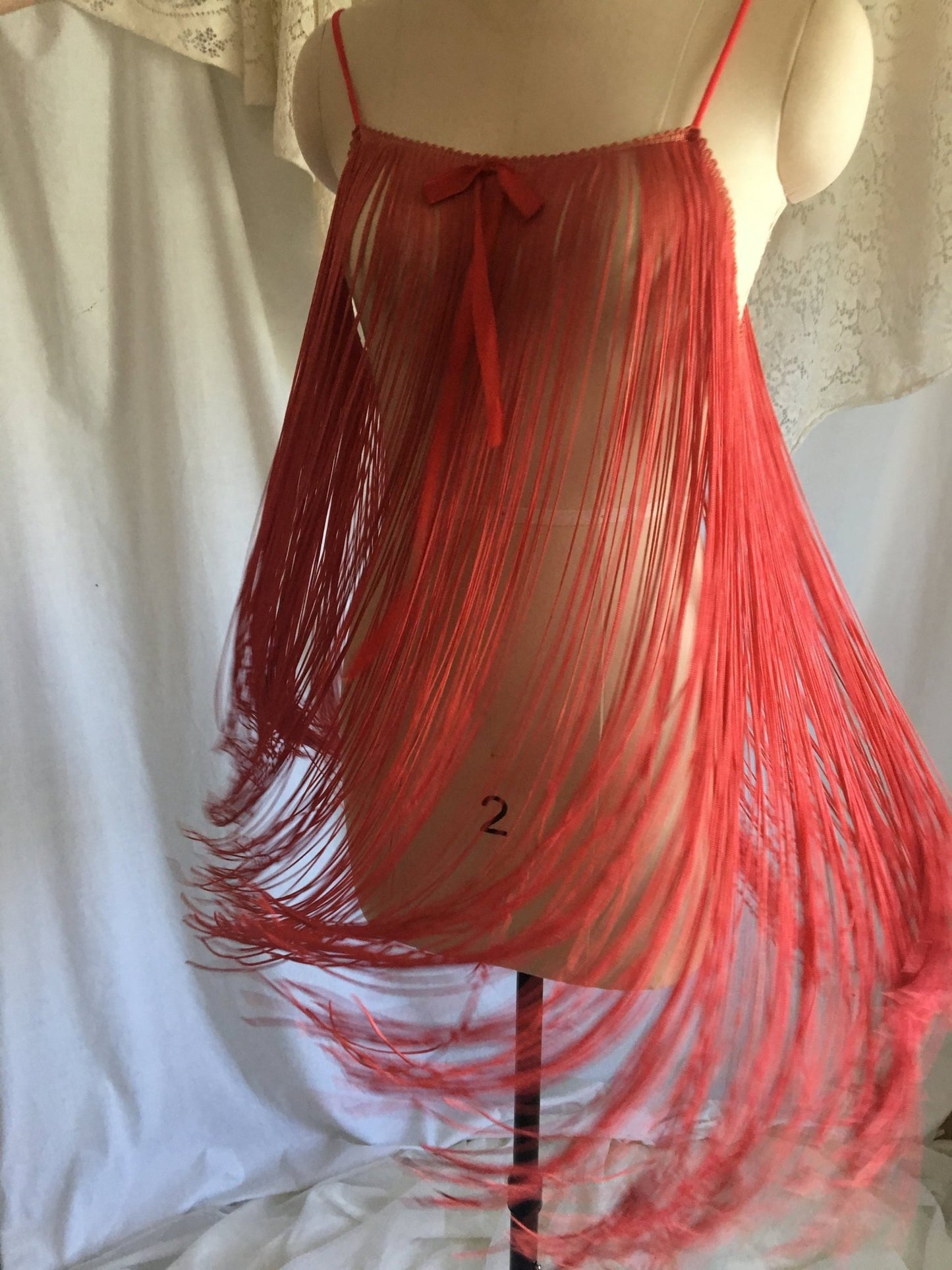 Vintage 1960's Babydoll Nightie | Rusty Red-Orange Tassel Fringe with Nylon Straps | Size XS, S, M - Daggers & Dames